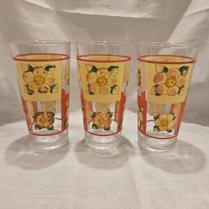 3 Vintage KIG  6” Glasses Tumblers Orange Yellow Flowers